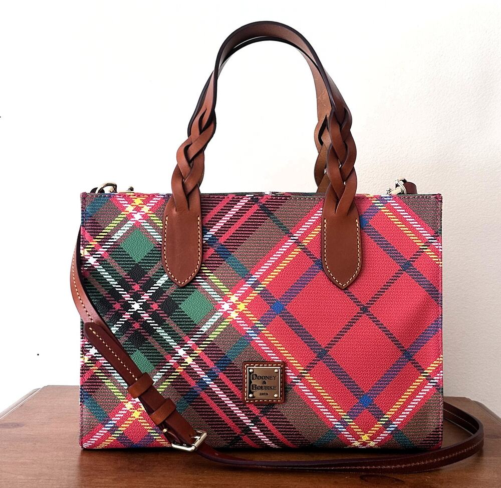 Dooney & Bourke Gia Satchel Bag Red Plaid Coated Cotton Tartan Purse Pristine